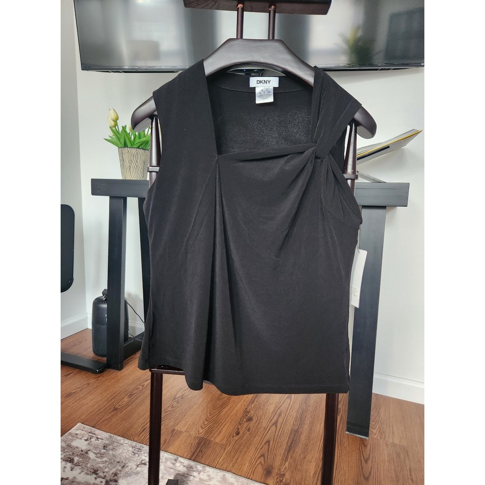 DKNY Womens Black Asymmetrical Knot Front Sleeveless Draped Blouse Top Small NWT